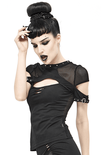 Elegant Gothic Black T-shirt with Hollow Mesh Detail
